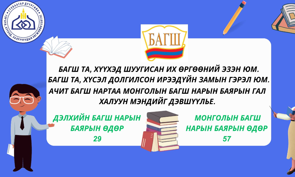 МОНГОЛЫН НИЙТ БАГШ НАРТАА БАГШ НАРЫН БАЯРЫН МЭНД ДЭВШҮҮЛЬЕ.